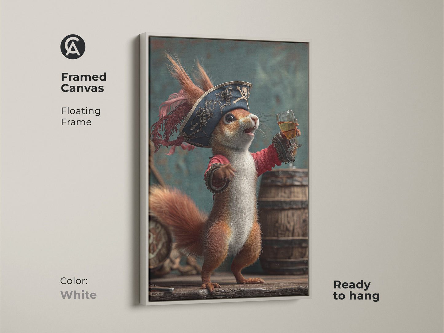 Brighten your space with this framed canvas art of a pirate squirrel. The whimsical poster comes with a floating white frame and is ready to hang. This eclectic animal wall decor adds a touch of fantasy to any space. It is a great gift for rum enthusiasts and quirky art collectors.