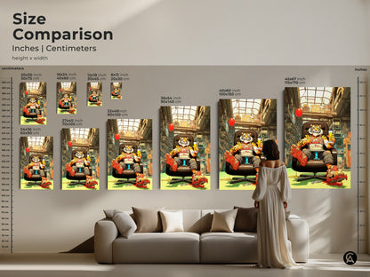 Compare sizes of the surreal pop art tiger artwork in inches and centimeters. Visualize how the canvas fits above a sofa. Perfect for office wall decor or as a birthday gift. See the eclectic orange red yellow animal artwork in various dimensions.