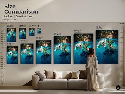 Size comparison of turquoise infinity pool art prints displayed above a couch. Inches and centimeters are shown for scale. Visualize the art print and its impact on your living room or bedroom decor.