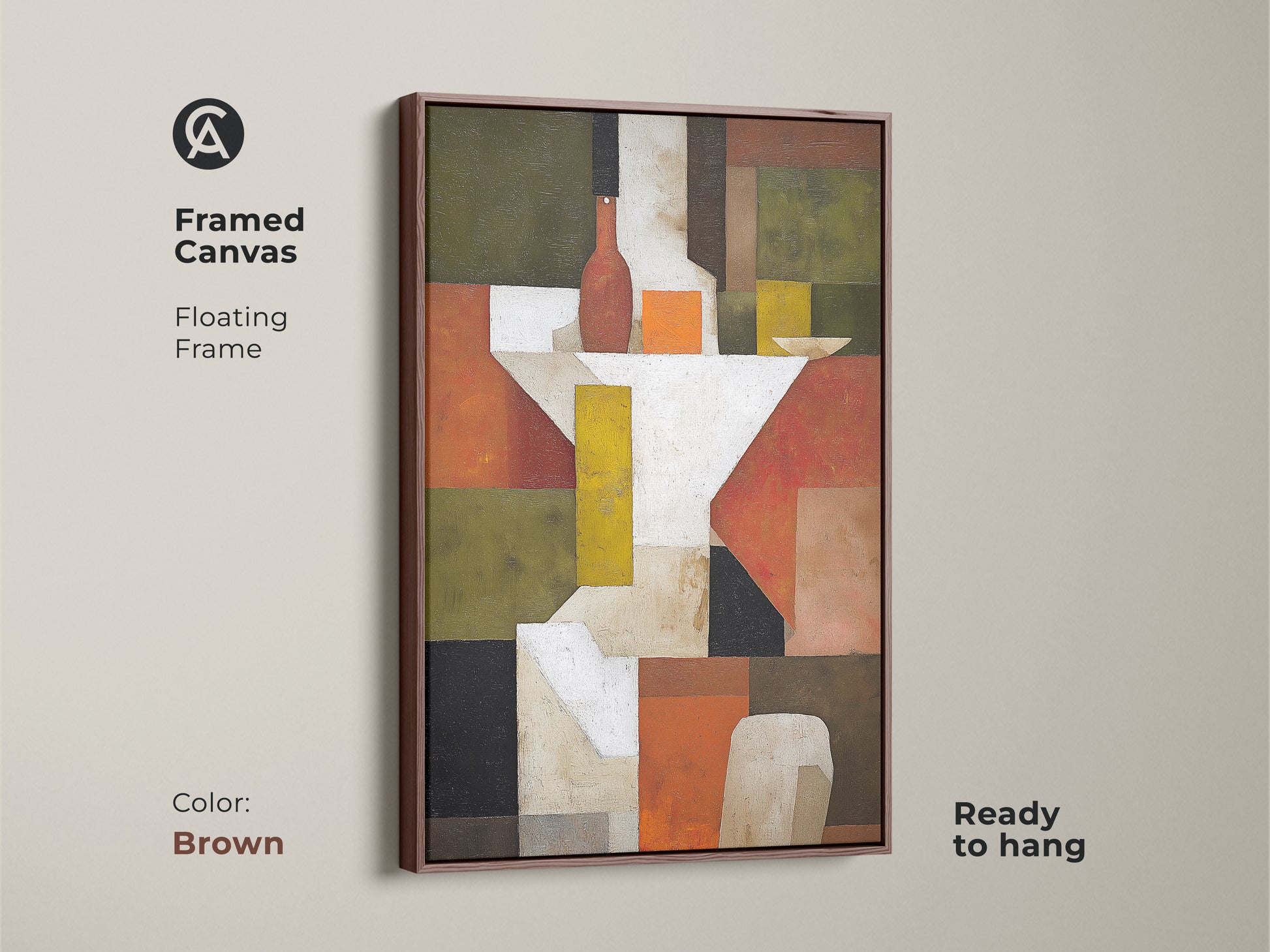Adorn your walls with this framed canvas abstract still life. The brown floating frame enhances the terracotta and olive green art. Mid-Century Modern geometric elements add a unique touch. This artwork is ready to hang.