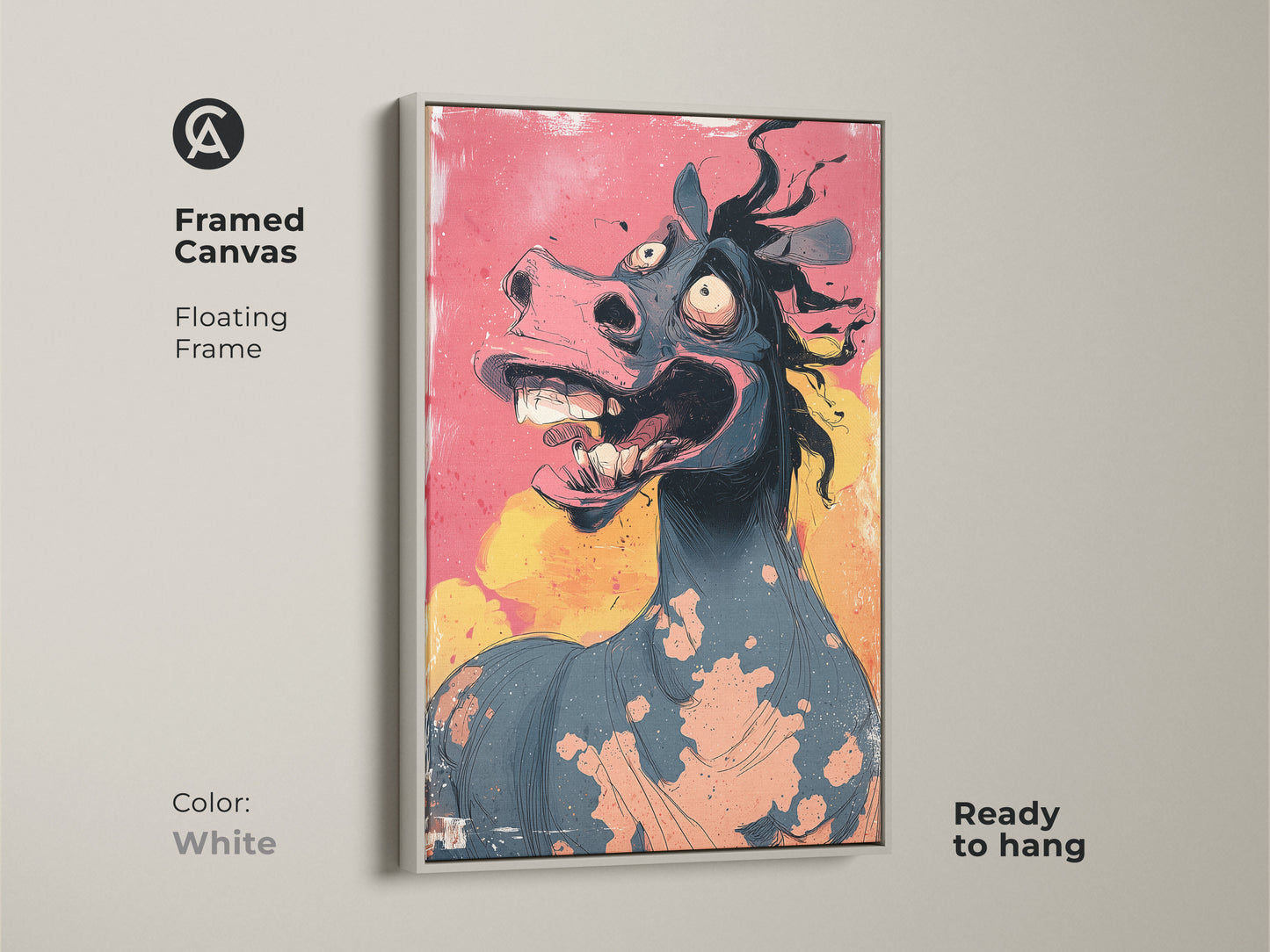 This framed canvas shows cartoon horse artwork. It has a white floating frame. The grotesque animal print is ready to hang. The vibrant pink teal and yellow colors create a fun atmosphere. It is ideal for a horse lover gift.