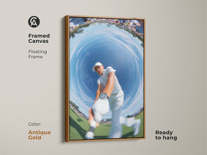 This framed canvas artwork captures a golfer mid-swing in a unique fisheye view. The antique gold frame adds a vintage touch. It is ready to hang and display. A distinctive piece for golf enthusiasts. Elevate your decor today.