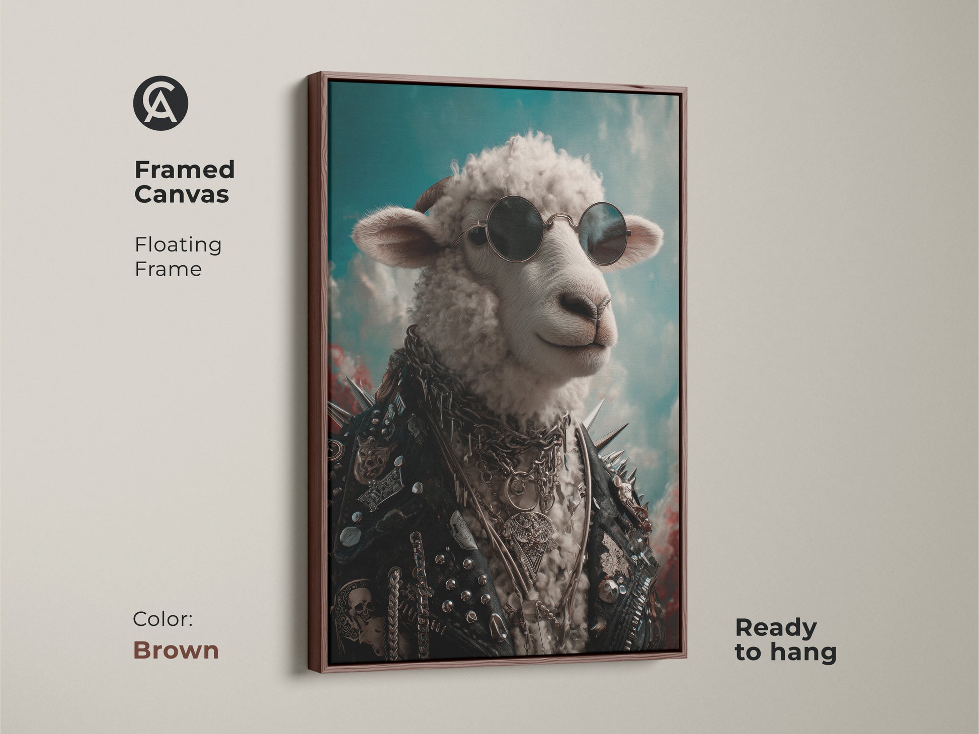 A framed canvas of punk rock sheep art with a brown floating frame. The sheep is wearing sunglasses and a leather jacket. It's ready to hang. This unique animal art is perfect for eclectic home decor. An edgy canvas art and rock music fan gift.