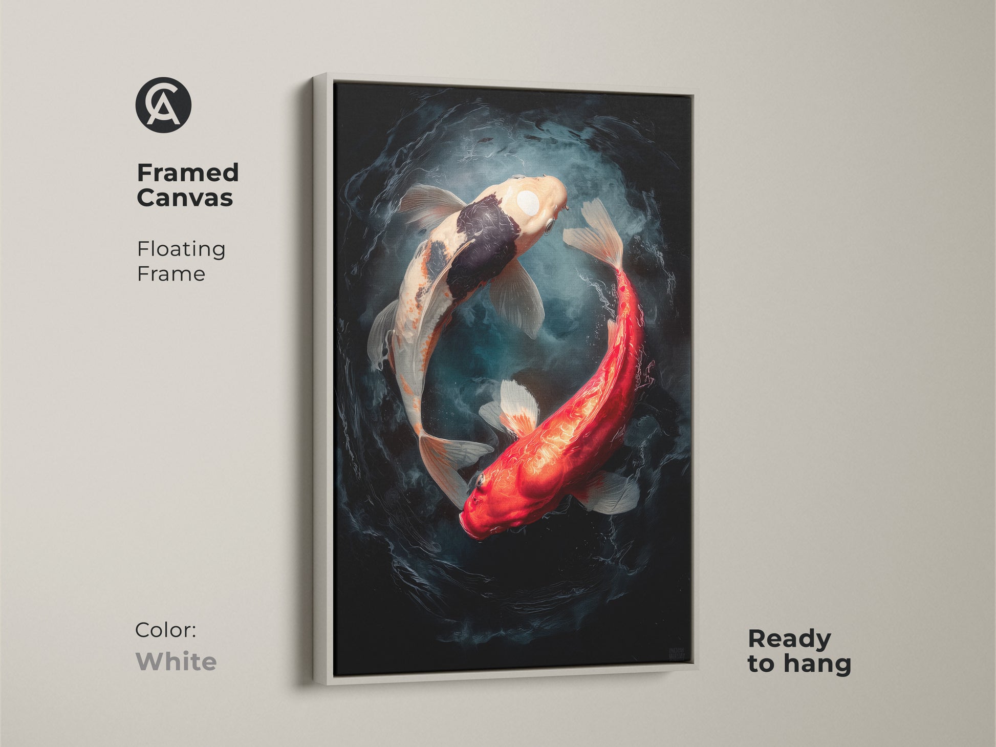 A white framed canvas featuring two koi fish in a yin and yang position. The floating frame provides a modern look. This framed artwork is ready to hang. Ideal for minimalist or contemporary spaces.