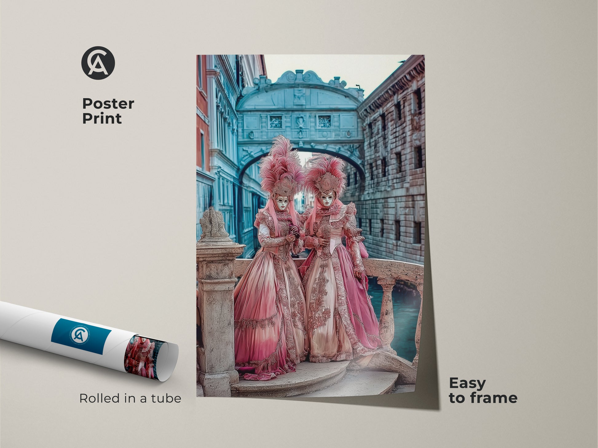 Venetian Carnival Poster Print. This masquerade mask wall art is easy to frame. Baroque style artwork features regal masked figures in pink gold teal. An elegant eclectic home accent to display.