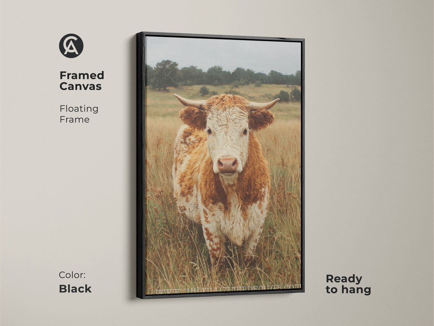 This framed canvas presents a cow portrait with a floating frame in black. The cow stands in a field of dry grass. Ready to hang the canvas offers a modern touch to animal art. The contrast enhances the artwork.