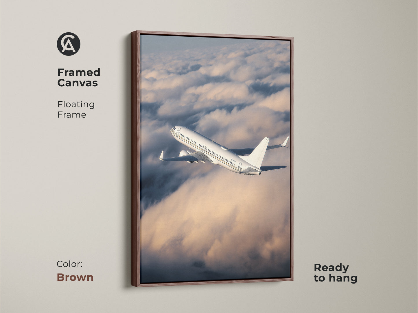 Framed aviation photography on canvas features a floating brown frame. This modern airplane artwork captures a plane soaring through clouds. Ready to hang it enhances any office. It's a thoughtful travel enthusiast gift idea. The white plane canvas art is a sleek decor piece.