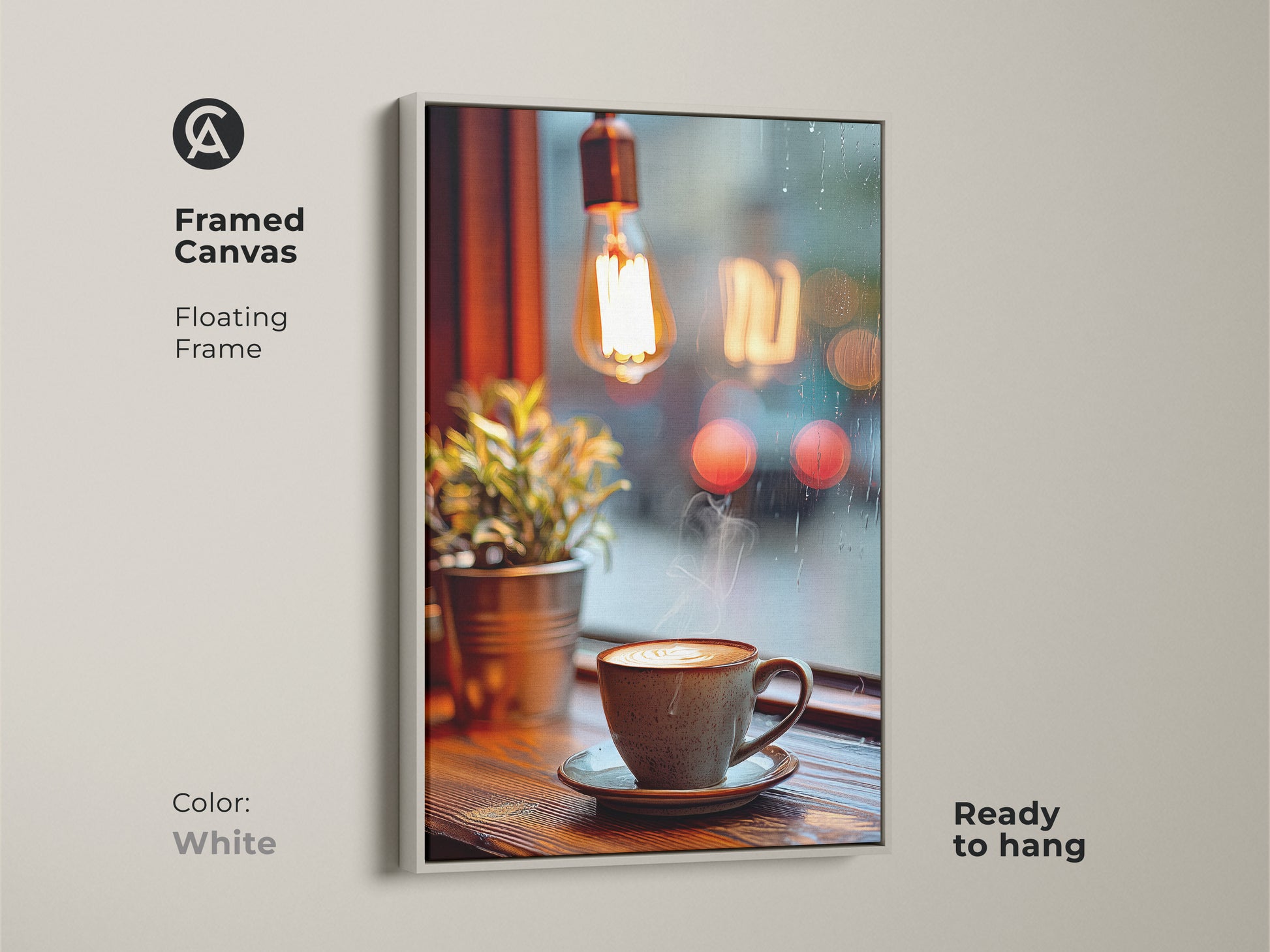 Framed canvas with a white floating frame displaying a Scandinavian coffee art print. The cozy cafe wall art is perfect for coffee lovers. Ready to hang it brings a touch of hygge to your home decor. Ideal housewarming gift.