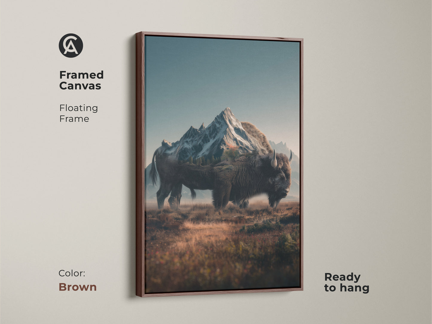 Framed canvas artwork shows a bison and mountain landscape. The floating brown frame enhances the natural theme. Ready to hang this art piece brings a touch of the wild. The bison artwork is both striking and serene.