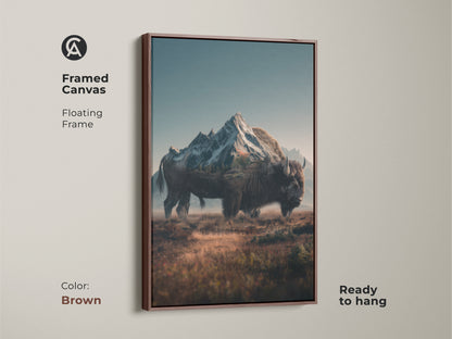 Framed canvas artwork shows a bison and mountain landscape. The floating brown frame enhances the natural theme. Ready to hang this art piece brings a touch of the wild. The bison artwork is both striking and serene.
