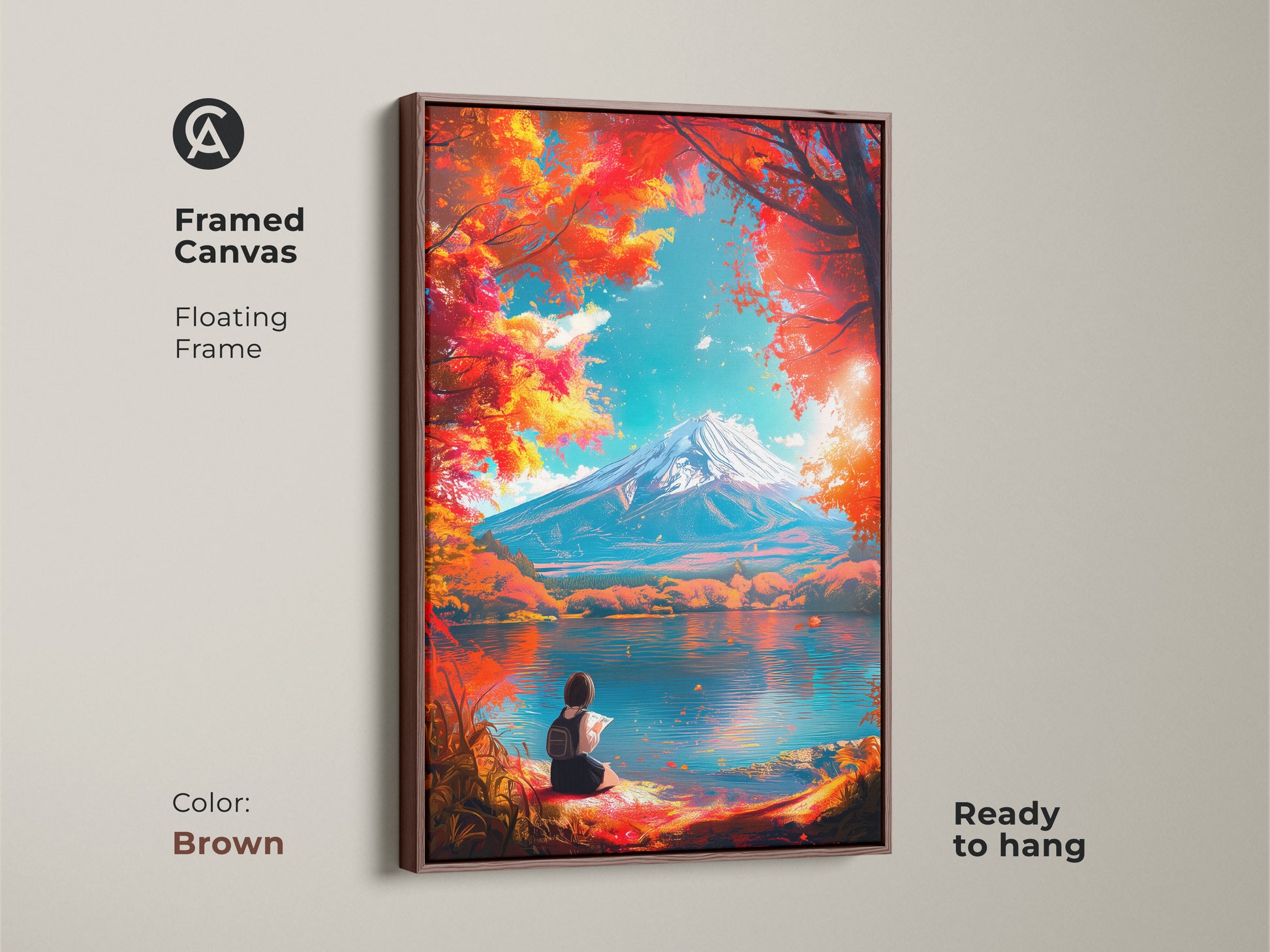Framed canvas artwork with a floating frame in brown color. The artwork shows Mount Fuji and a girl reading by a lake. It is ready to hang and brings warmth to any room. A great addition to your art collection.