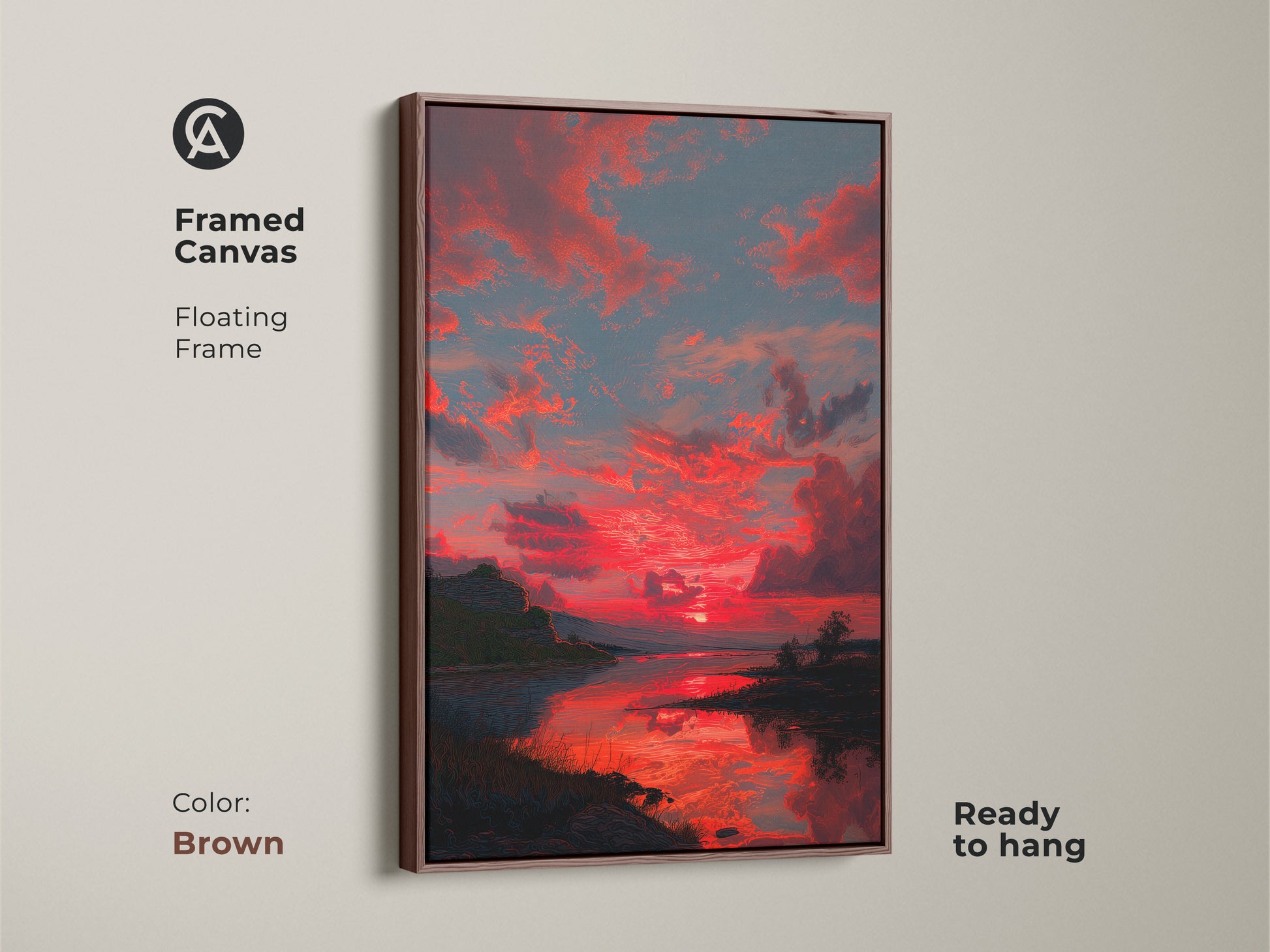 Add warmth to your living space with this framed Crimson Sunset canvas art. The floating frame enhances this contemporary nature wall decor. The brown frame complements the red sky landscape print perfectly. Ready to hang this dramatic sunset artwork is a perfect housewarming gift.