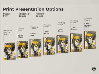 Print presentation options for punk woman artwork. Choose from poster stretched canvas or framed canvas. Frame colors include black brown antique gold oak and white. Find the perfect size and style.