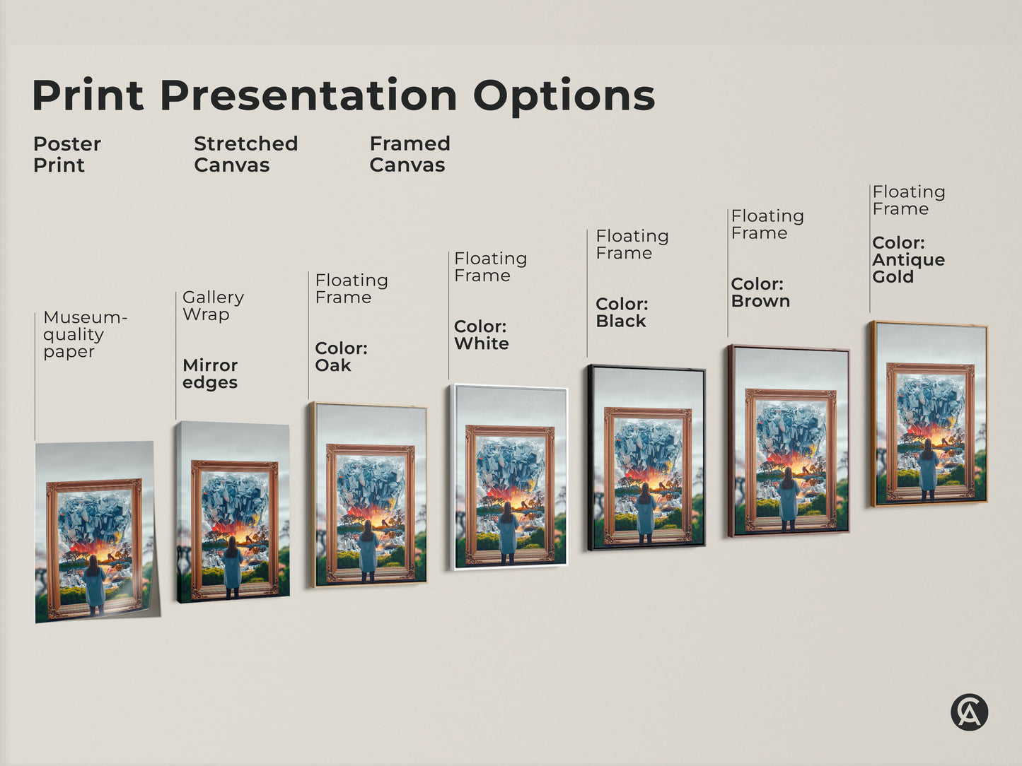 Explore print presentation options for fantasy artwork. Choose from poster prints stretched canvas and framed canvas. Each piece features a surreal dreamscape with a woman gazing into an abstract crystal world. Find the perfect unique wall hanging art today.