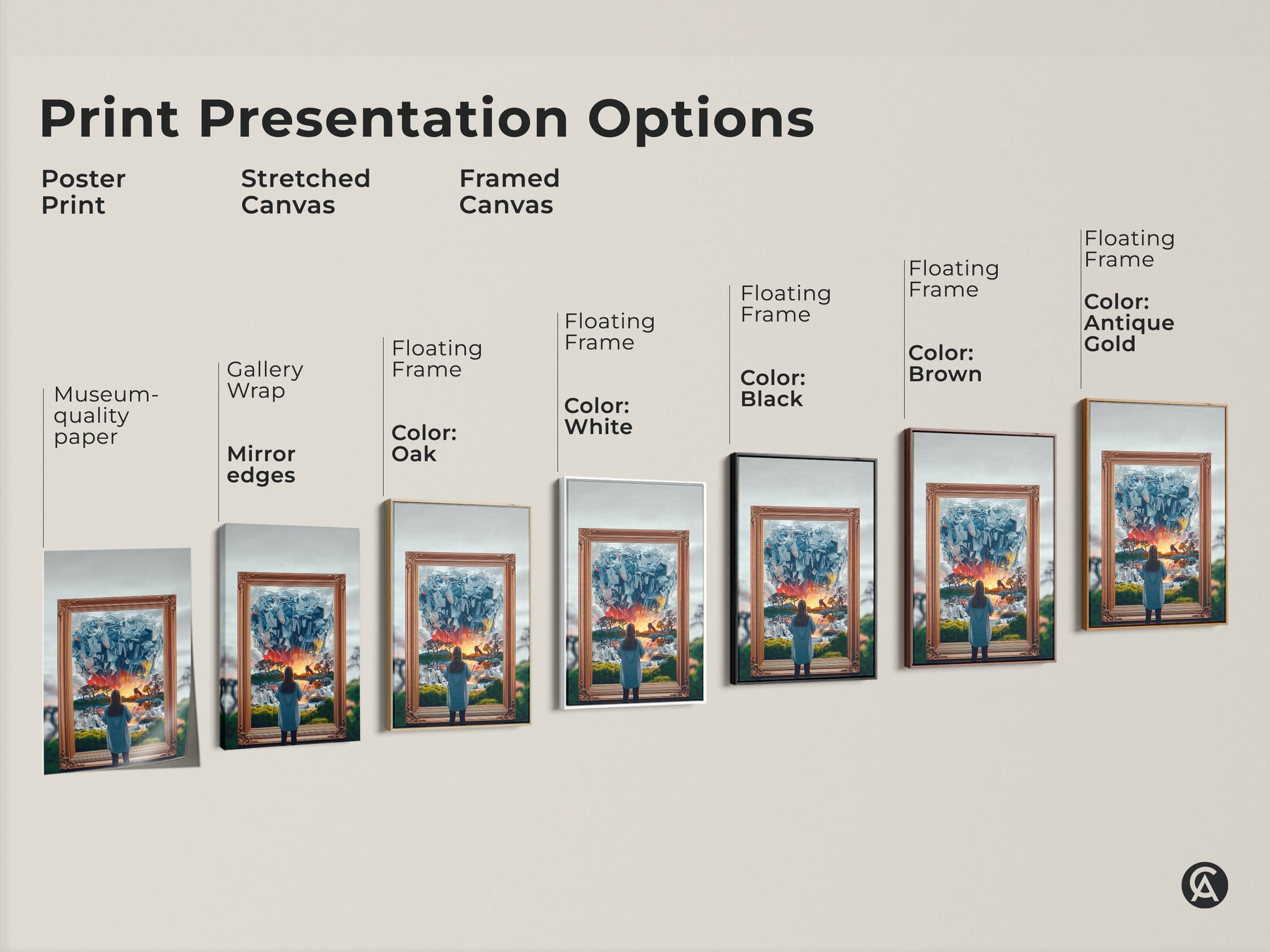 Explore print presentation options for fantasy artwork. Choose from poster prints stretched canvas and framed canvas. Each piece features a surreal dreamscape with a woman gazing into an abstract crystal world. Find the perfect unique wall hanging art today.
