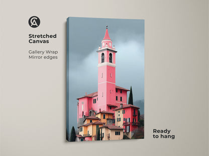 Stretched canvas gallery wrap featuring a pink church tower art print. European village canvas art is ready to hang. Mirror edges add to the charm of Italian architecture.