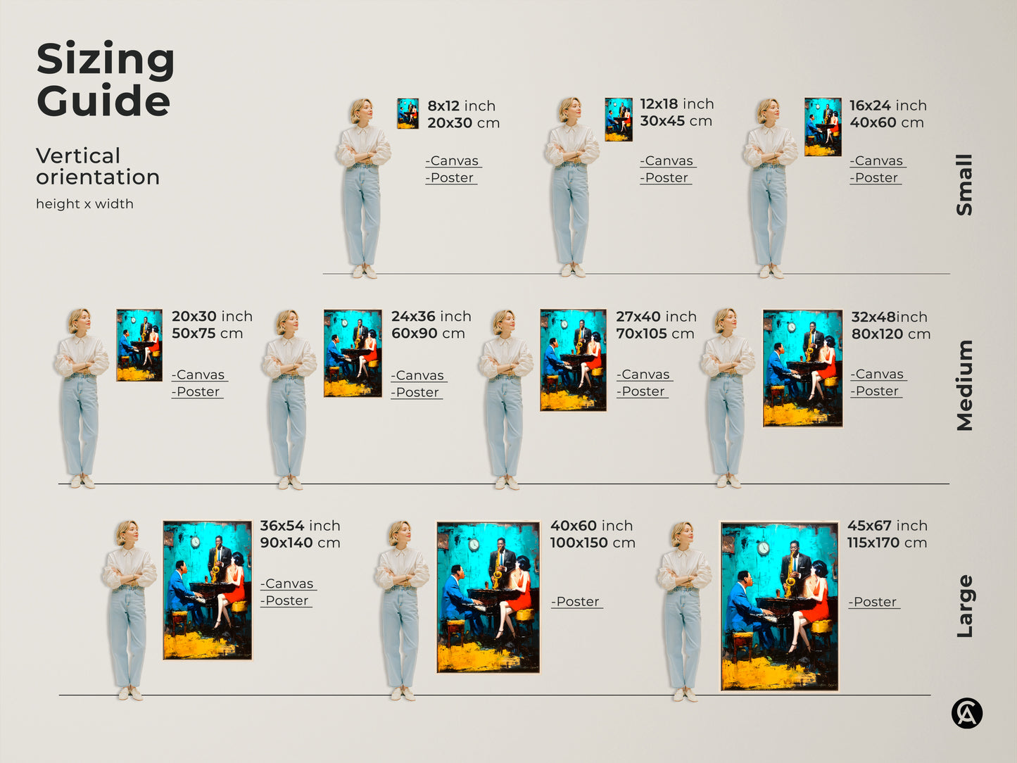 Visualize the perfect fit with our sizing guide for this jazz club artwork. See how different sizes of the canvas and poster prints look in a room setting. Featuring a pianist saxophonist and singer find the ideal dimensions for your home decor. Shop now!