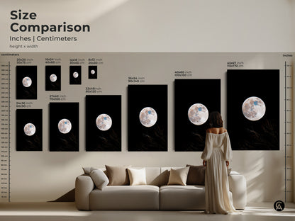 Size comparison of moon art prints. Inches and centimeters height x width. Various sizes displayed with a woman for scale. Find the perfect size for your space. Shop moon art prints in various sizes today.