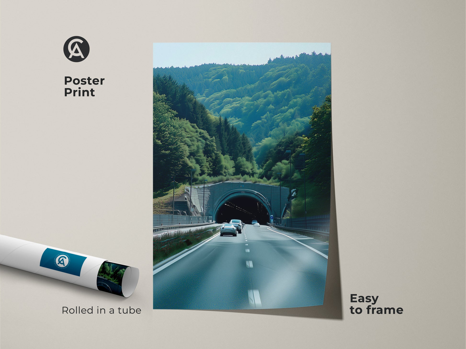 A poster print of Green Forest Tunnel art. The print features contemporary travel landscape and realistic car photography. It is easy to frame and comes rolled in a tube. A unique gift for car enthusiasts. This scenic nature print embodies modern home art. It's perfect for travel-inspired wall decor.