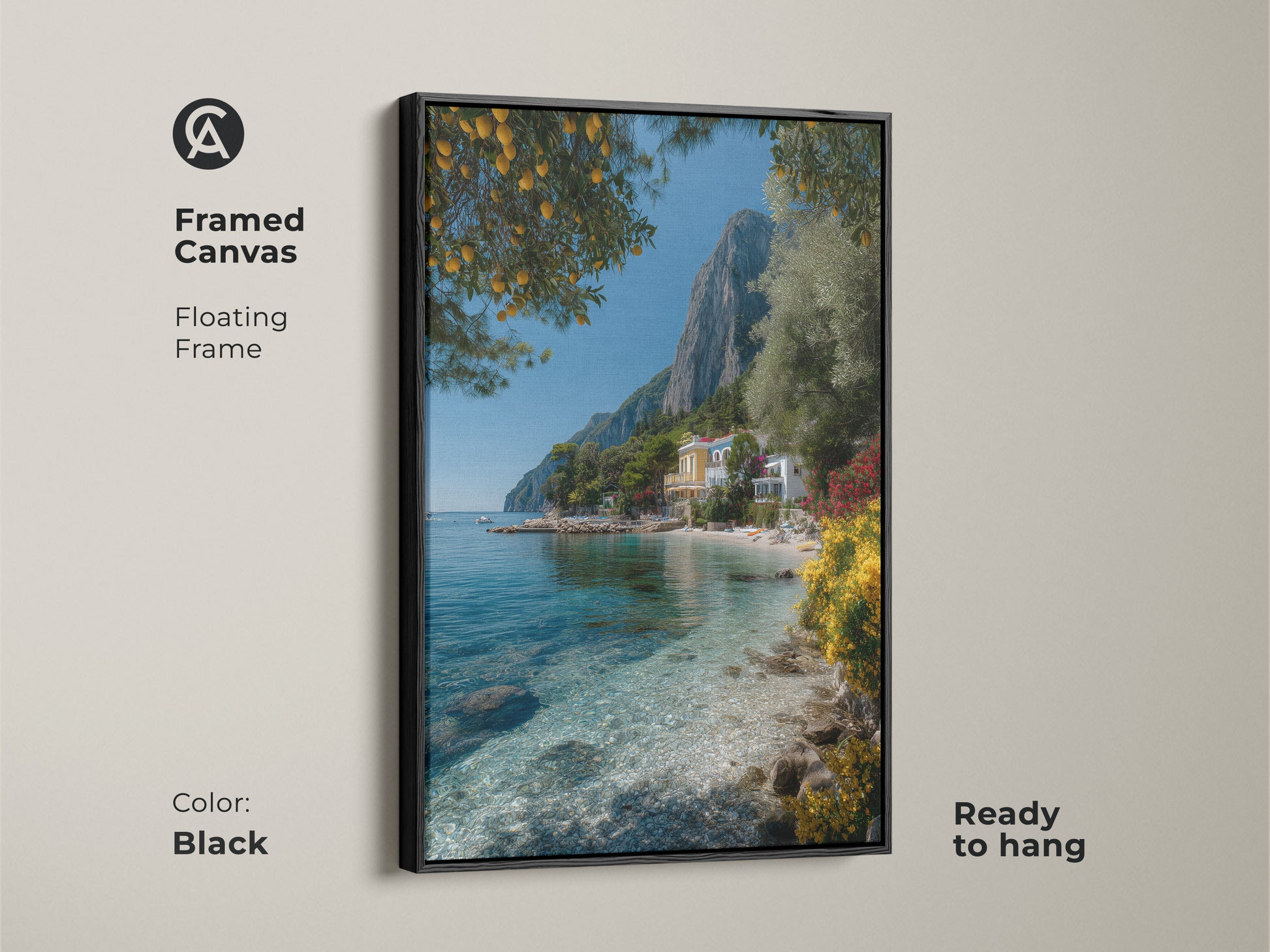 Black framed canvas of a Mediterranean lemon tree and coastal villa artwork. This floating frame art enhances the scenic landscape. The blue water and yellow flowers add a touch of summer. This piece is ready to hang and brings a Mediterranean getaway feel to your home.