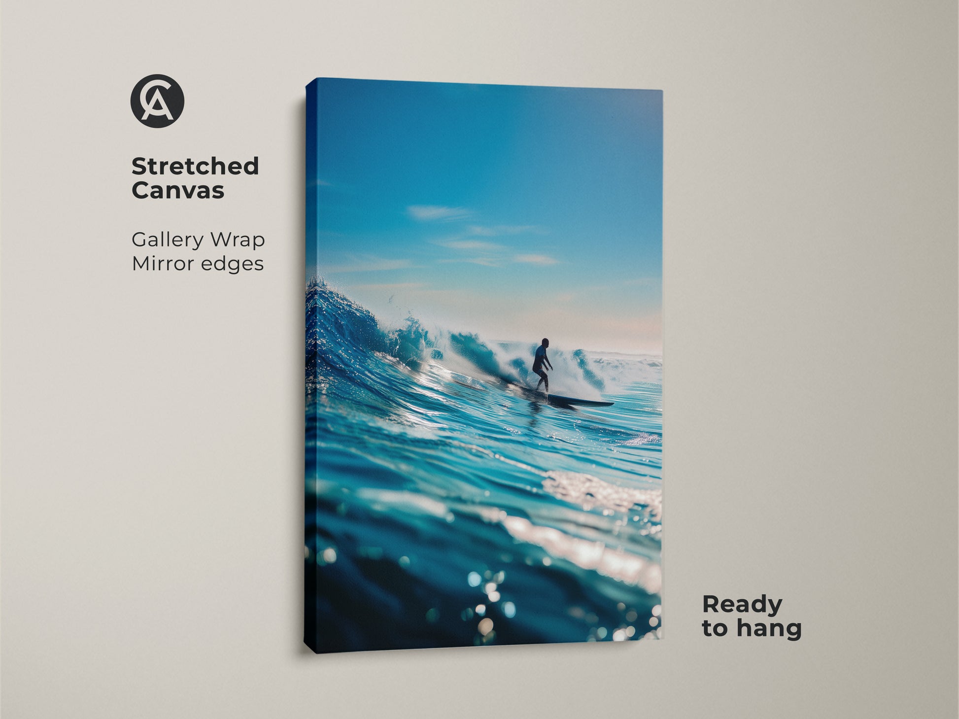 Experience the thrill of surfing with this stunning stretched canvas print. A surfer is carving through a vibrant blue wave. Gallery wrapped with mirrored edges makes it ready to hang. A great piece for coastal decor bringing the ocean's energy indoors.