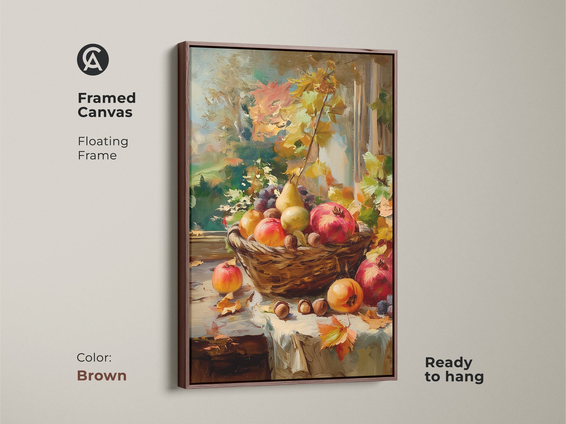 Framed canvas featuring a still life of autumn fruits in a basket. Floating frame in brown. The artwork includes pomegranates pears grapes and nuts. Ready to hang and brings warmth to your living space.