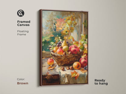Framed canvas featuring a still life of autumn fruits in a basket. Floating frame in brown. The artwork includes pomegranates pears grapes and nuts. Ready to hang and brings warmth to your living space.