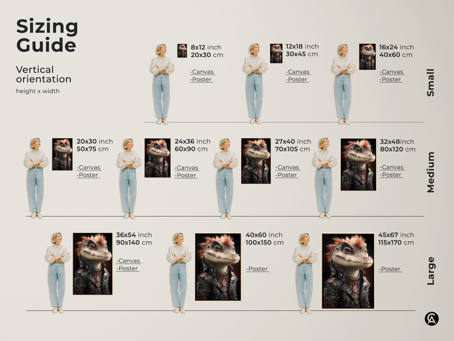 Sizing guide for vertical punk alligator artwork. Available as canvas and poster prints. Find sizes from small to large and different dimensions. Sizes include 8x12 20x30 24x36 and more. Perfect for any music lover. Elevate your decor now.