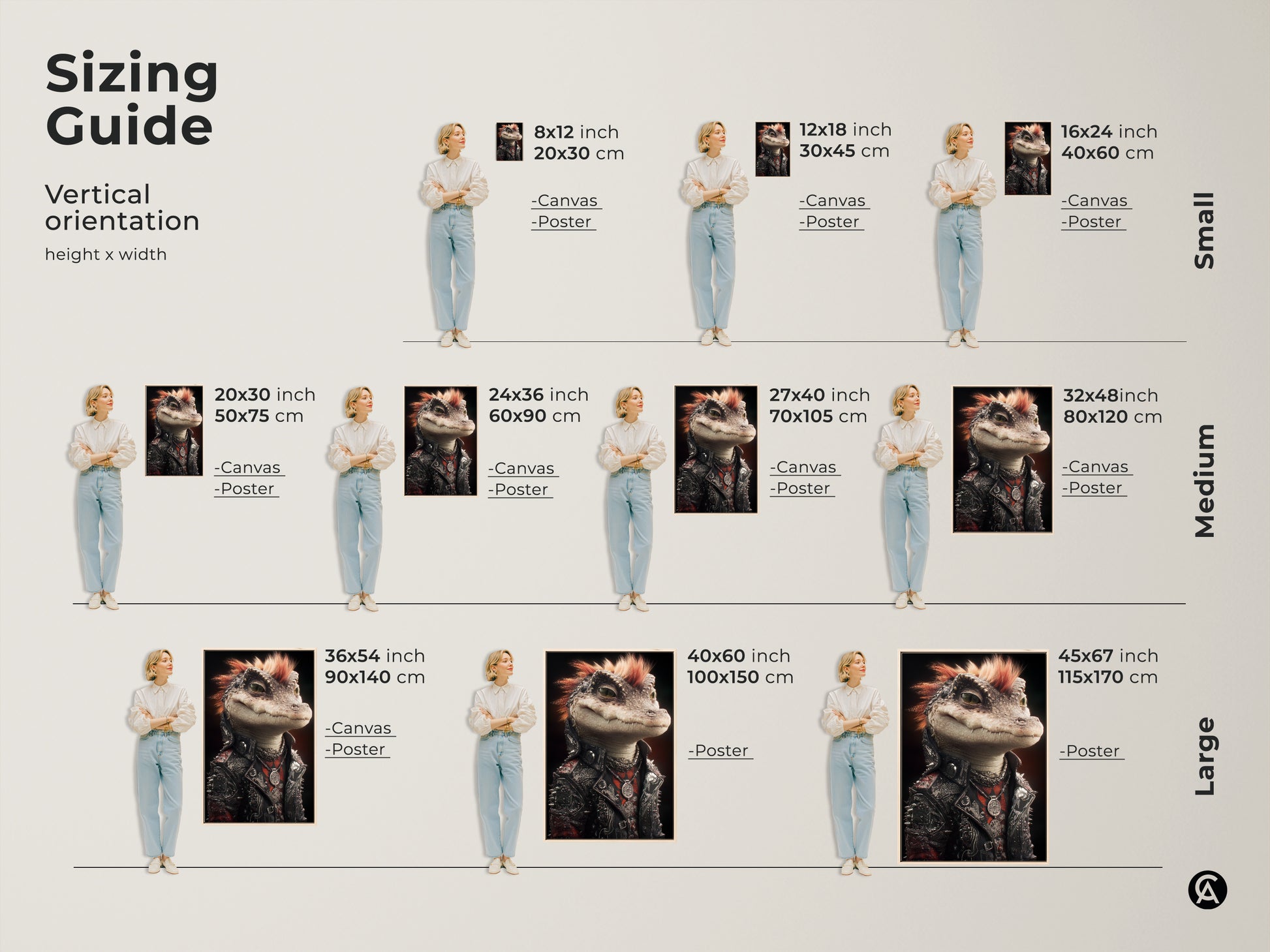Sizing guide for vertical punk alligator artwork. Available as canvas and poster prints. Find sizes from small to large and different dimensions. Sizes include 8x12 20x30 24x36 and more. Perfect for any music lover. Elevate your decor now.