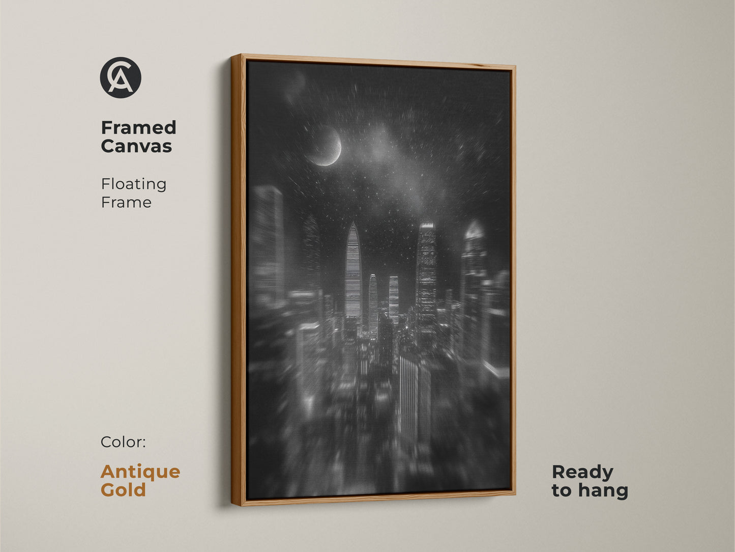 Antique Gold framed canvas showing a floating frame. High contrast is shown in the monochrome cityscape. Ready to hang contemporary urban decor is displayed with a black and white city canvas.