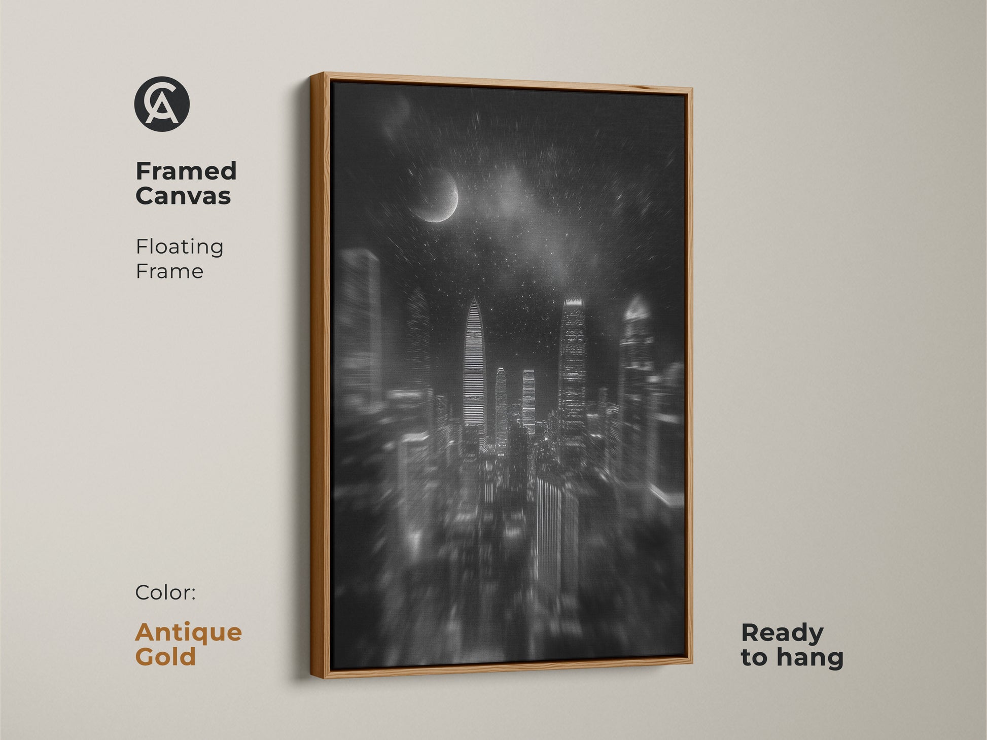 Antique Gold framed canvas showing a floating frame. High contrast is shown in the monochrome cityscape. Ready to hang contemporary urban decor is displayed with a black and white city canvas.