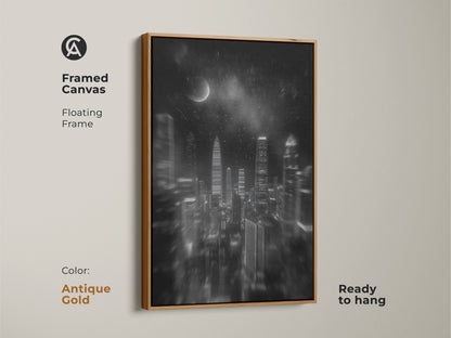 Antique Gold framed canvas showing a floating frame. High contrast is shown in the monochrome cityscape. Ready to hang contemporary urban decor is displayed with a black and white city canvas.