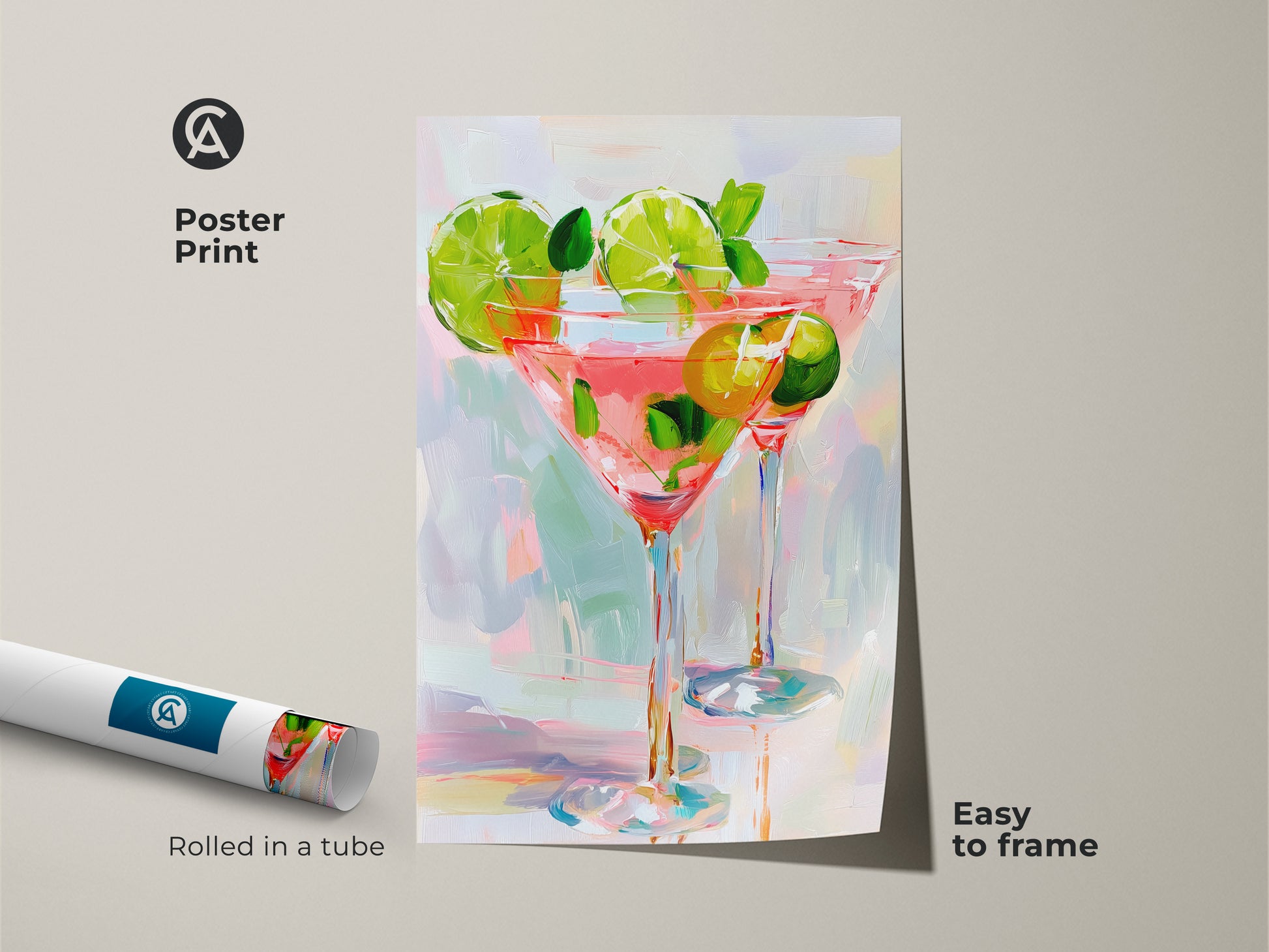 A poster print features an artwork of two cocktail glasses. The glasses are filled with a refreshing pink drink. Limes and mint leaves provide a fresh garnish. Rolled in a tube this poster is easy to frame for your home decor.