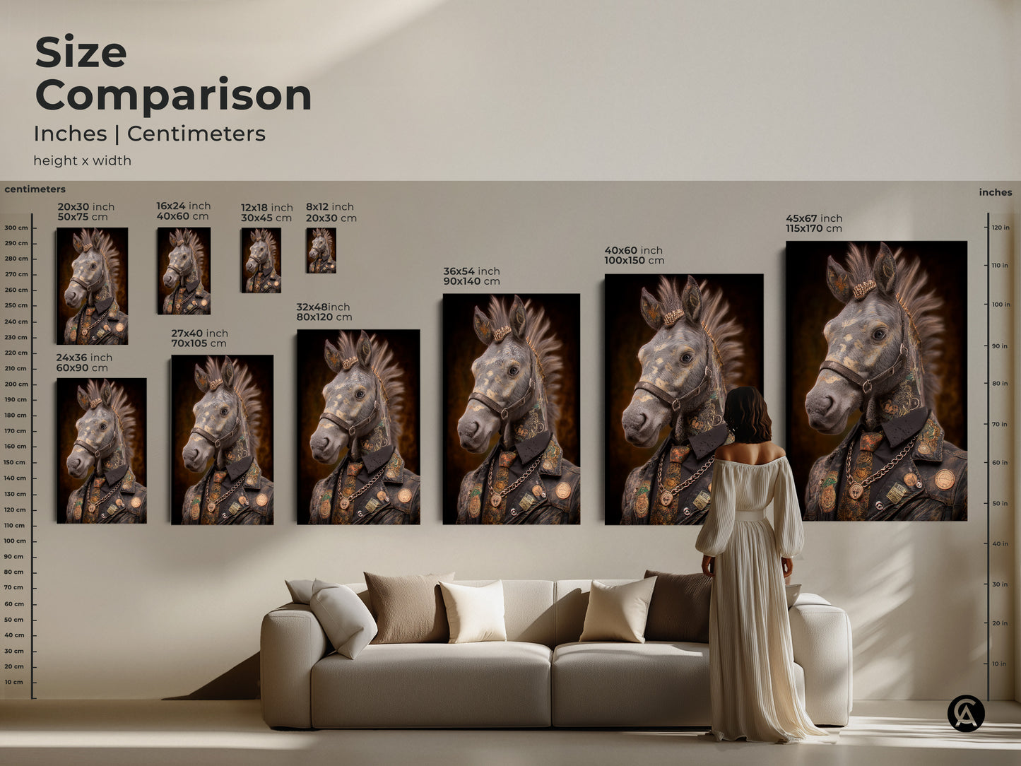 Compare sizes of the Tattooed Horse art in inches and centimeters. See how this Steampunk animal artwork fits above a sofa. Envision the impact of sizes from 20x30 to 45x67 inches. This visual guide helps you select the perfect scale for your eclectic home decor. Enhance any space with this unique animal art print.