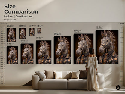 Compare sizes of the Tattooed Horse art in inches and centimeters. See how this Steampunk animal artwork fits above a sofa. Envision the impact of sizes from 20x30 to 45x67 inches. This visual guide helps you select the perfect scale for your eclectic home decor. Enhance any space with this unique animal art print.