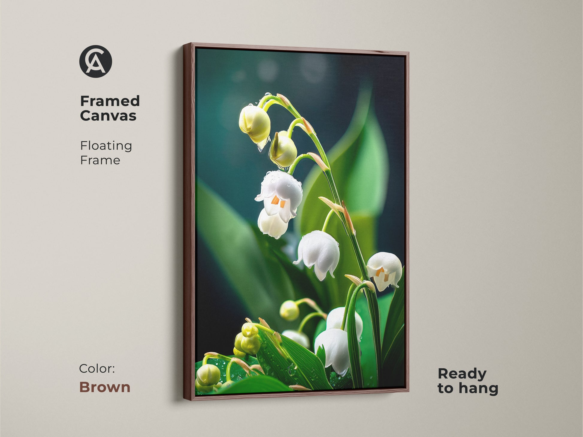 Framed canvas of Lily of the Valley art in a brown floating frame. Ready to hang the realistic macro botanical art brings a natural essence. This white and green spring floral canvas fits perfectly with Scandinavian styles. A great plant lover gift idea.
