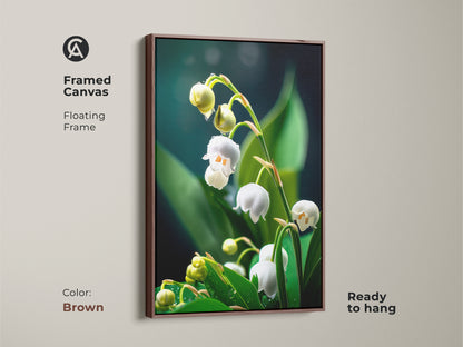 Framed canvas of Lily of the Valley art in a brown floating frame. Ready to hang the realistic macro botanical art brings a natural essence. This white and green spring floral canvas fits perfectly with Scandinavian styles. A great plant lover gift idea.