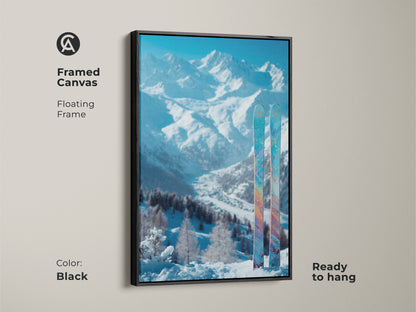 Framed canvas artwork in a black floating frame featuring a mountain view. Two skis are in the foreground. Ready to hang and adds a modern touch to any space. The black frame enhances the colors of the snow and skis. Perfect for winter art lovers.