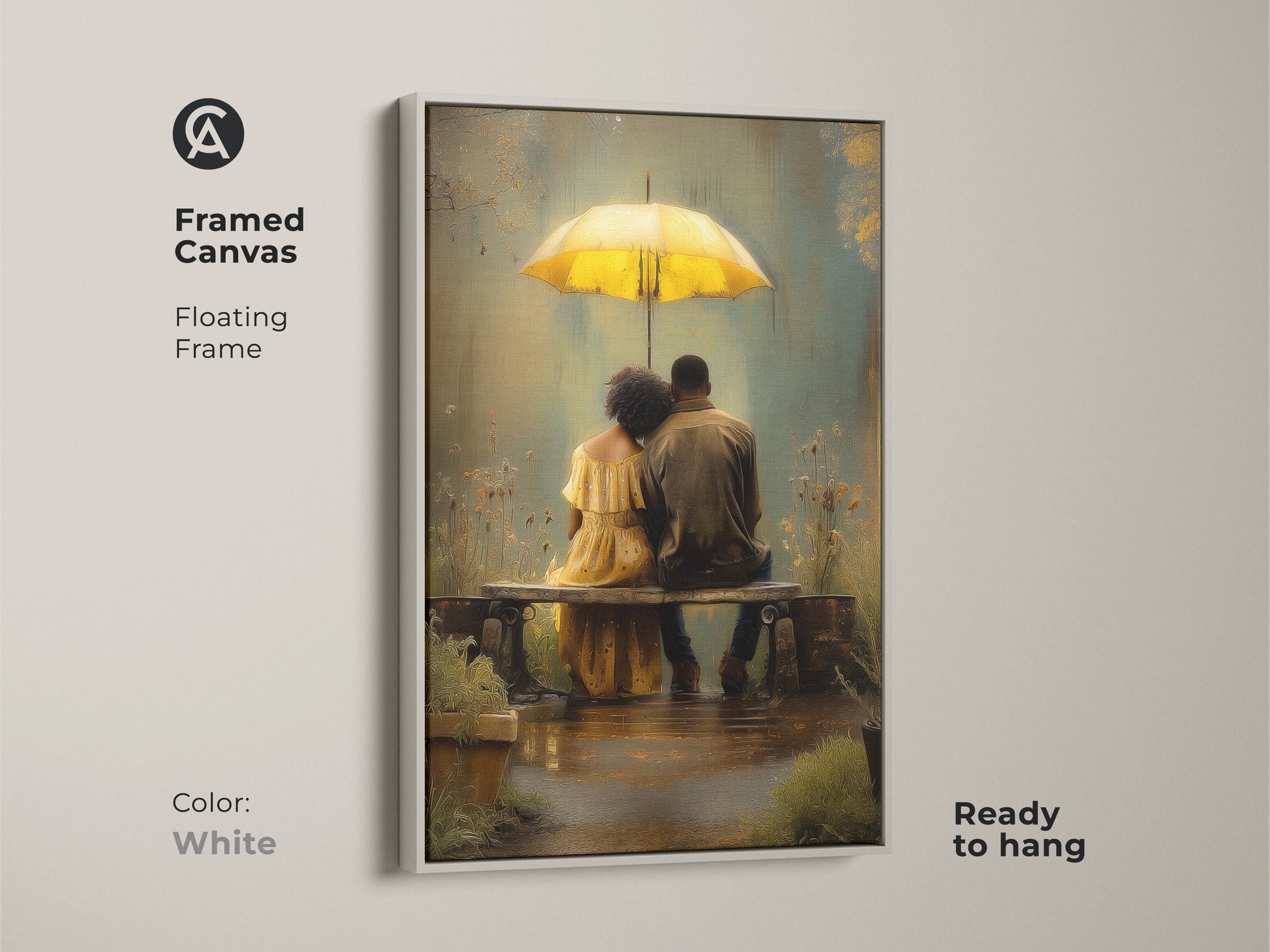 Framed canvas with a floating frame featuring a couple under a yellow umbrella. This white framed romantic rainy day canvas is ready to hang. The bohemian wall art decor makes a great gift for partners. The yellow teal art print creates a cozy atmosphere.