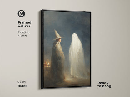 Framed canvas featuring a gothic wizard and ghost in a black floating frame. Ready to hang this supernatural fantasy art. The dark academia style makes it a unique addition to your study room or eclectic home decor.