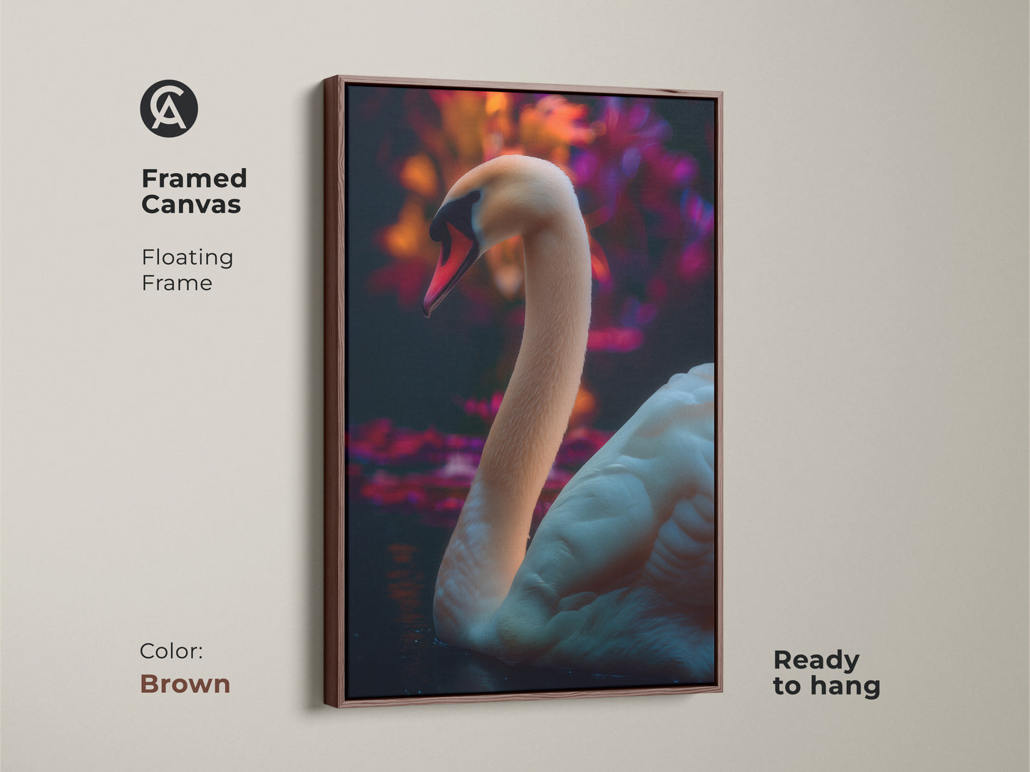 Framed canvas of a photorealistic swan in a brown floating frame. Ready to hang wildlife artwork for a cozy home. This contemporary nature scene is in pink and orange tones. The elegant bird art makes a great housewarming gift for her.