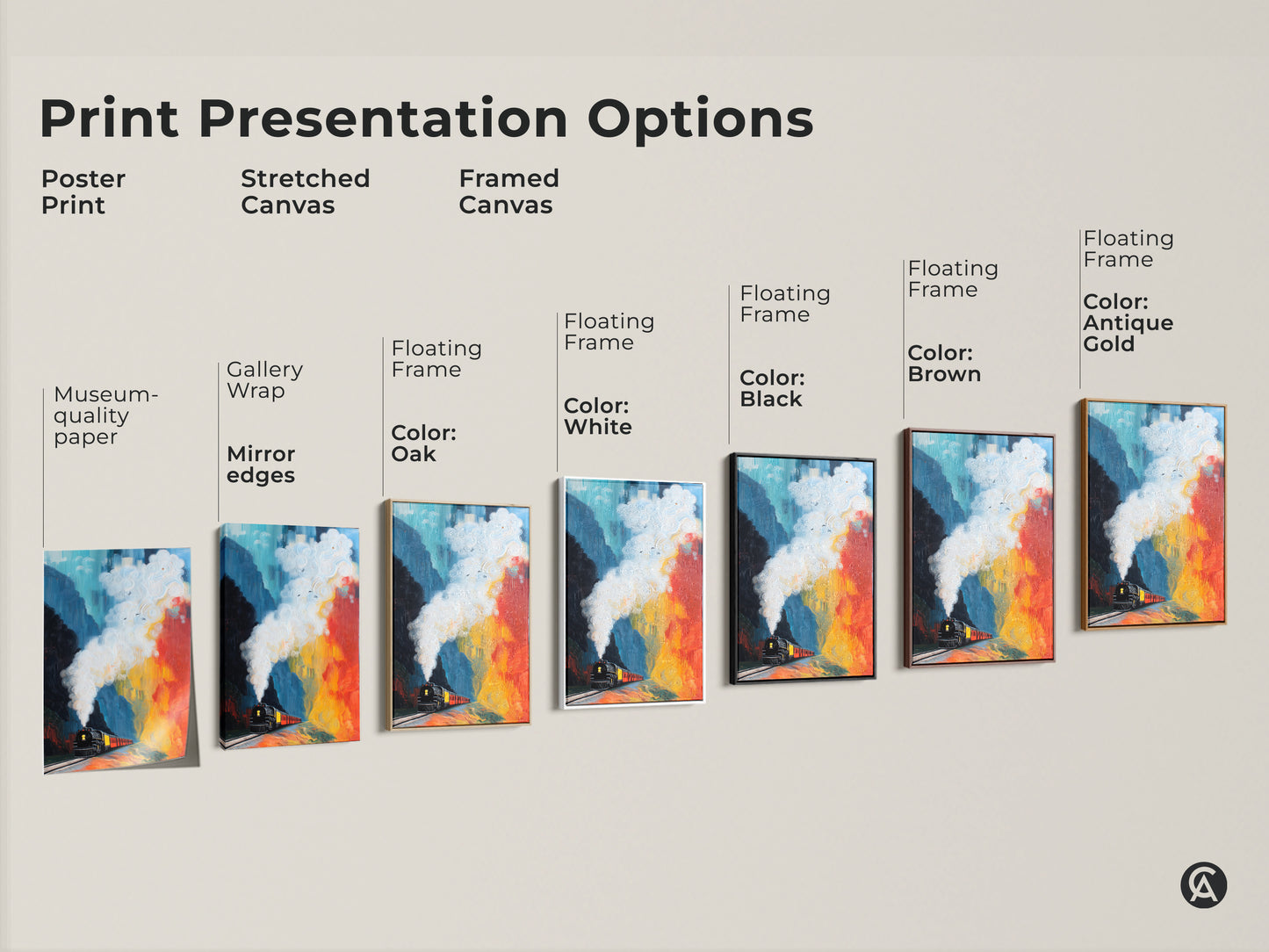 Explore print presentation options for abstract steam train canvas art. Choose from poster prints stretched canvas or framed canvas. Each featuring museum-quality paper gallery wrap and floating frame options in various colors.