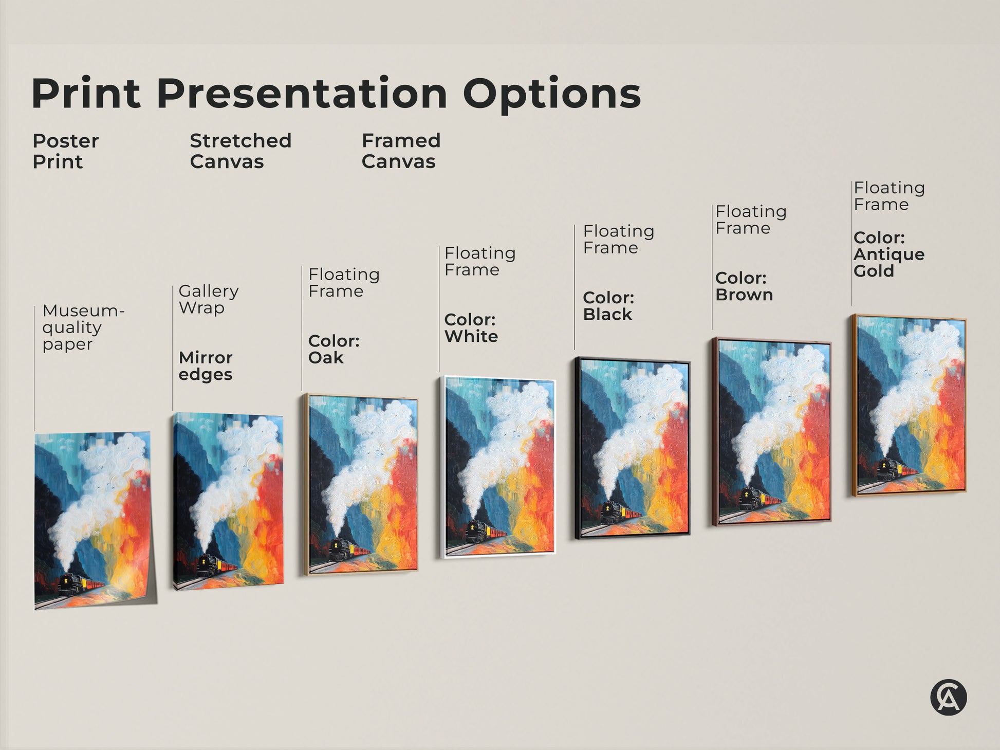 Explore print presentation options for abstract steam train canvas art. Choose from poster prints stretched canvas or framed canvas. Each featuring museum-quality paper gallery wrap and floating frame options in various colors.
