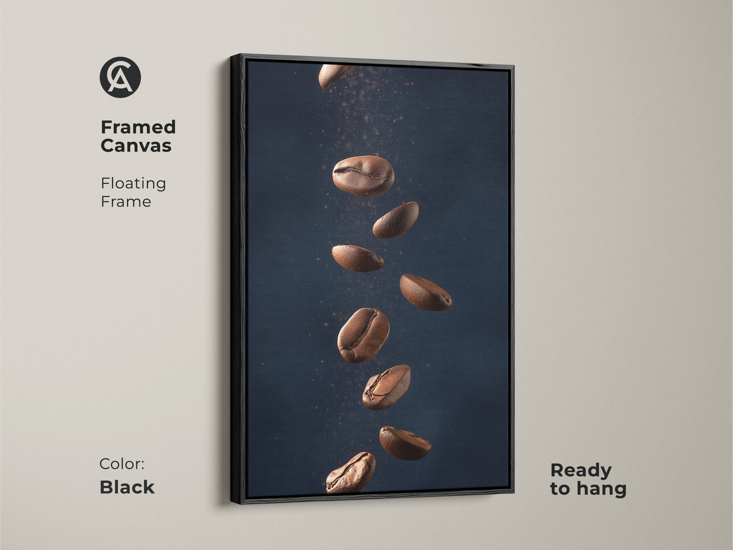 Framed canvas with floating frame featuring abstract coffee art. This minimalist kitchen wall art showcases falling coffee beans. It's a modern Tan and Dark Blue art print. The contemporary coffee decor is ready to hang adding style to any room. The frame is black.