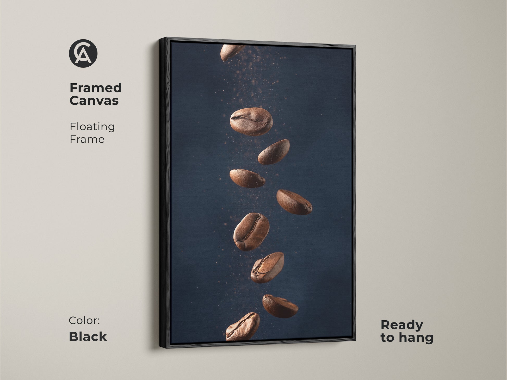 Framed canvas with floating frame featuring abstract coffee art. This minimalist kitchen wall art showcases falling coffee beans. It's a modern Tan and Dark Blue art print. The contemporary coffee decor is ready to hang adding style to any room. The frame is black.