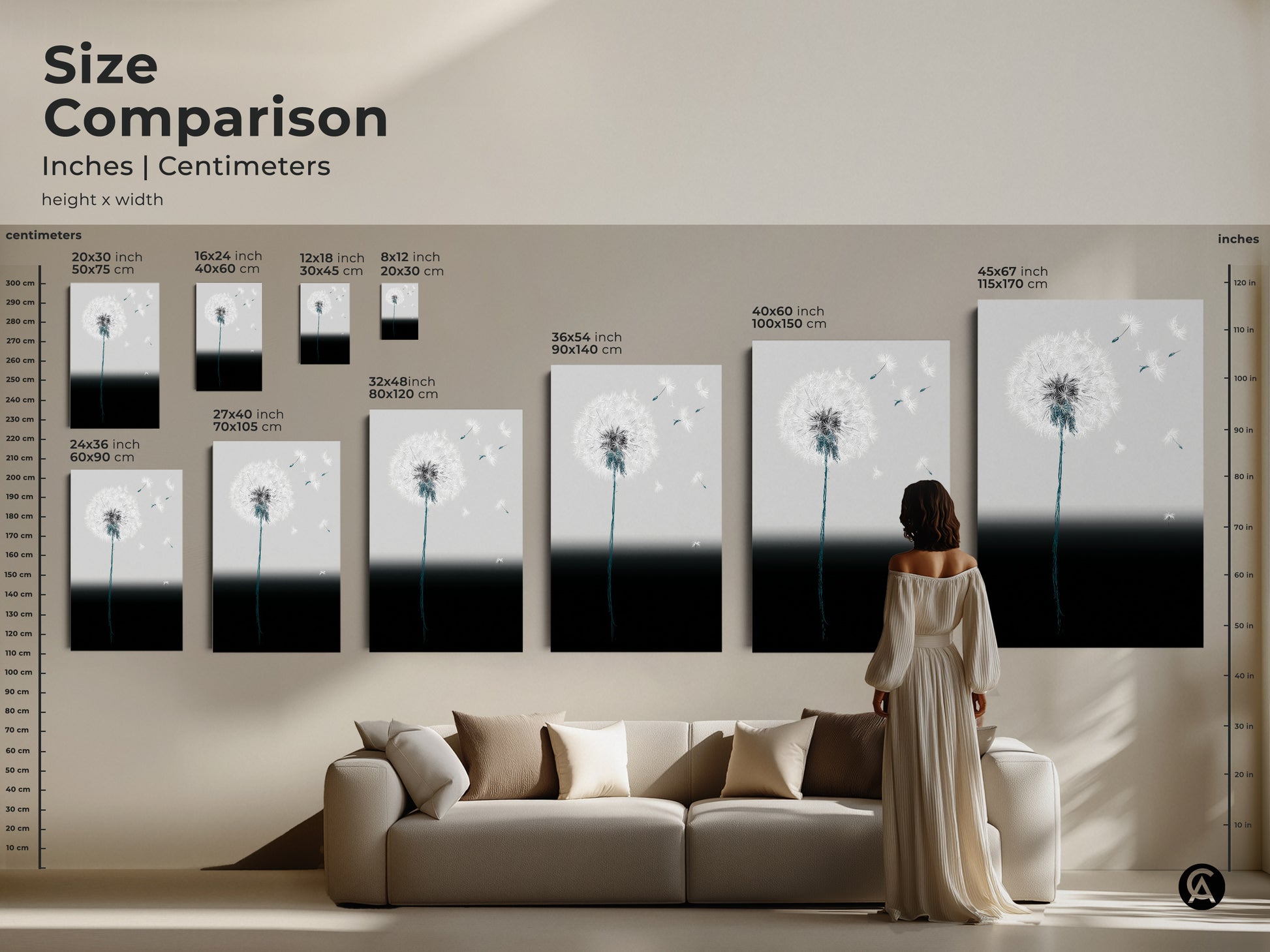 Size comparison of minimalist dandelion art. See inches and centimeters. Visualize the artwork in various sizes. From 20x30 cm to 45x67 inch. Abstract botanical wall art as a focal point. Perfect for any space from small to large. Transform your living room with elegant art.