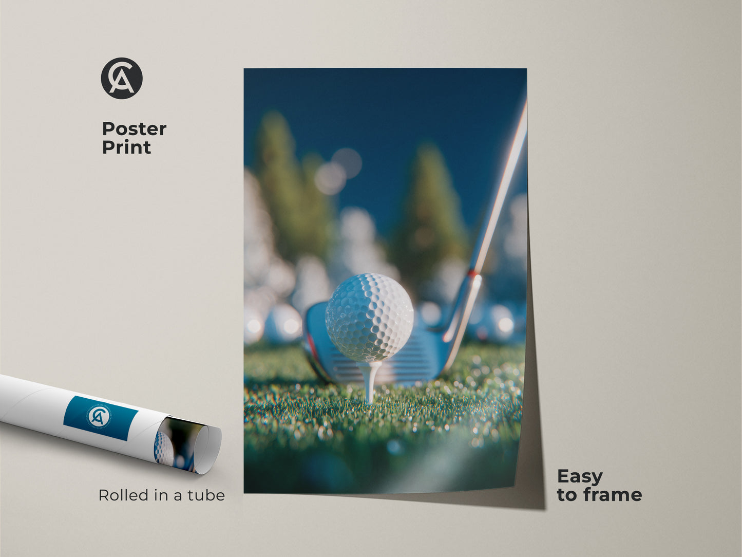 A rolled poster print shows a golf ball on a tee. This artwork is easy to frame and display. It's a great option for golf lovers. Bring the spirit of the game to your home. Get your golf poster print now.