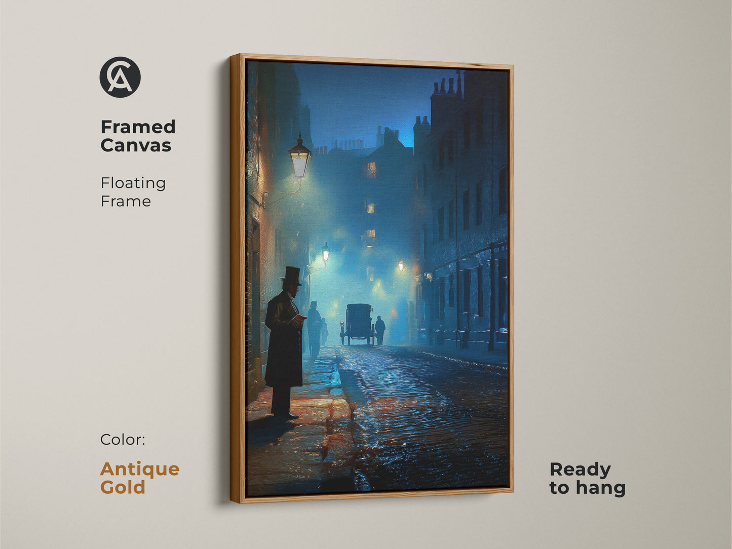 Framed canvas print of a Victorian street scene in an antique gold frame. Gothic dark academia wall art with a horse carriage. The navy teal blue artwork is ready to hang. Elegant historical art for a study office or living space.