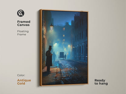Framed canvas print of a Victorian street scene in an antique gold frame. Gothic dark academia wall art with a horse carriage. The navy teal blue artwork is ready to hang. Elegant historical art for a study office or living space.