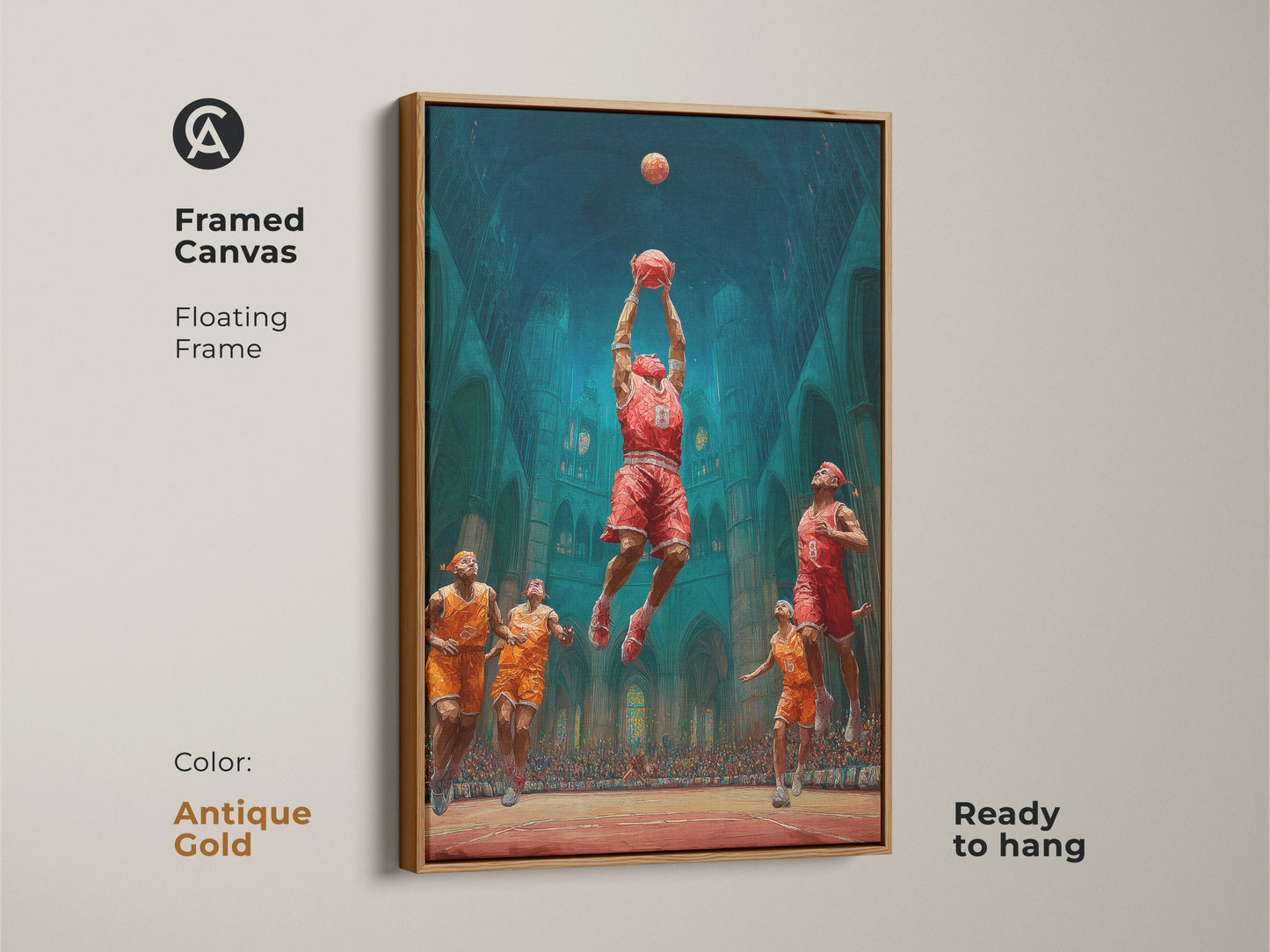 This framed canvas art features a basketball dunk in a gothic cathedral. An antique gold floating frame adds a vintage touch. Ready to hang it is perfect as teen room wall art or a unique gift. This artwork is sure to impress.